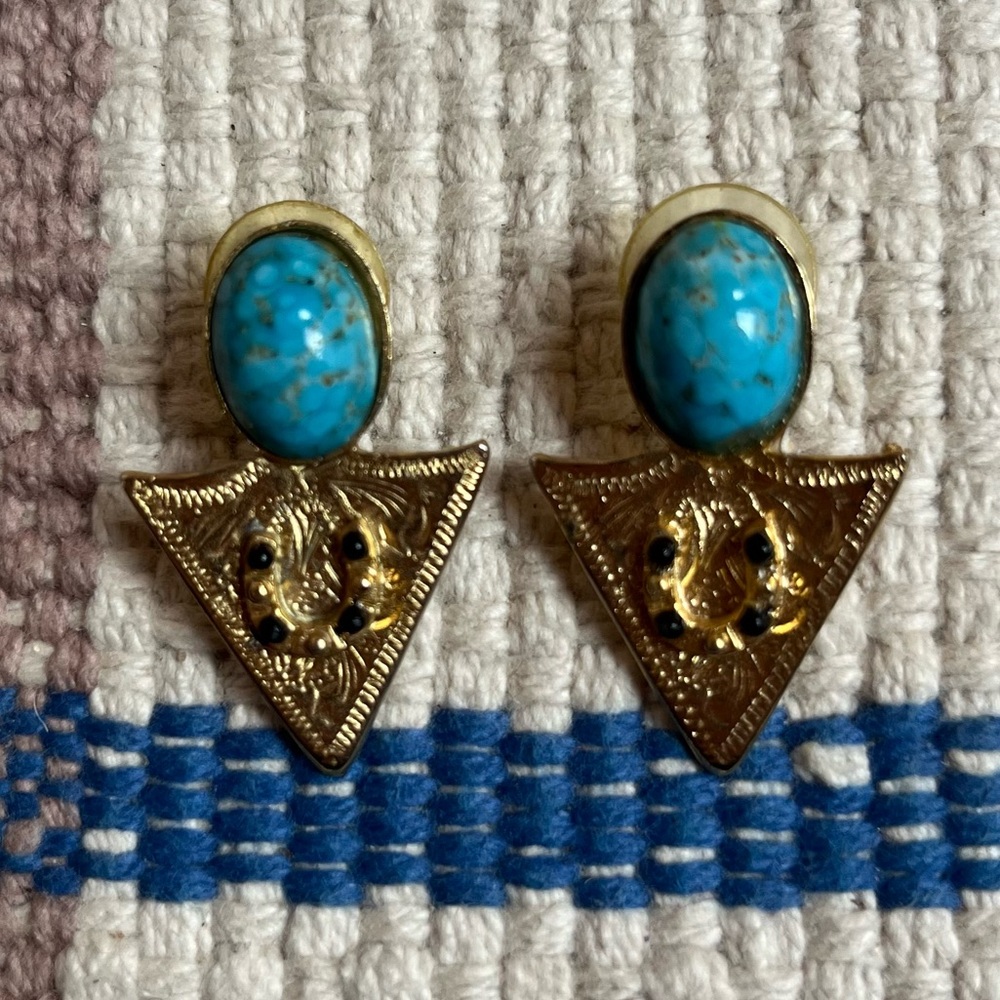 Vintage Gold and Turquoise Triangle Earrings